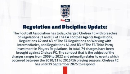 官方：英足总对切尔西提起74项指控，涉及后者09-22年间行为